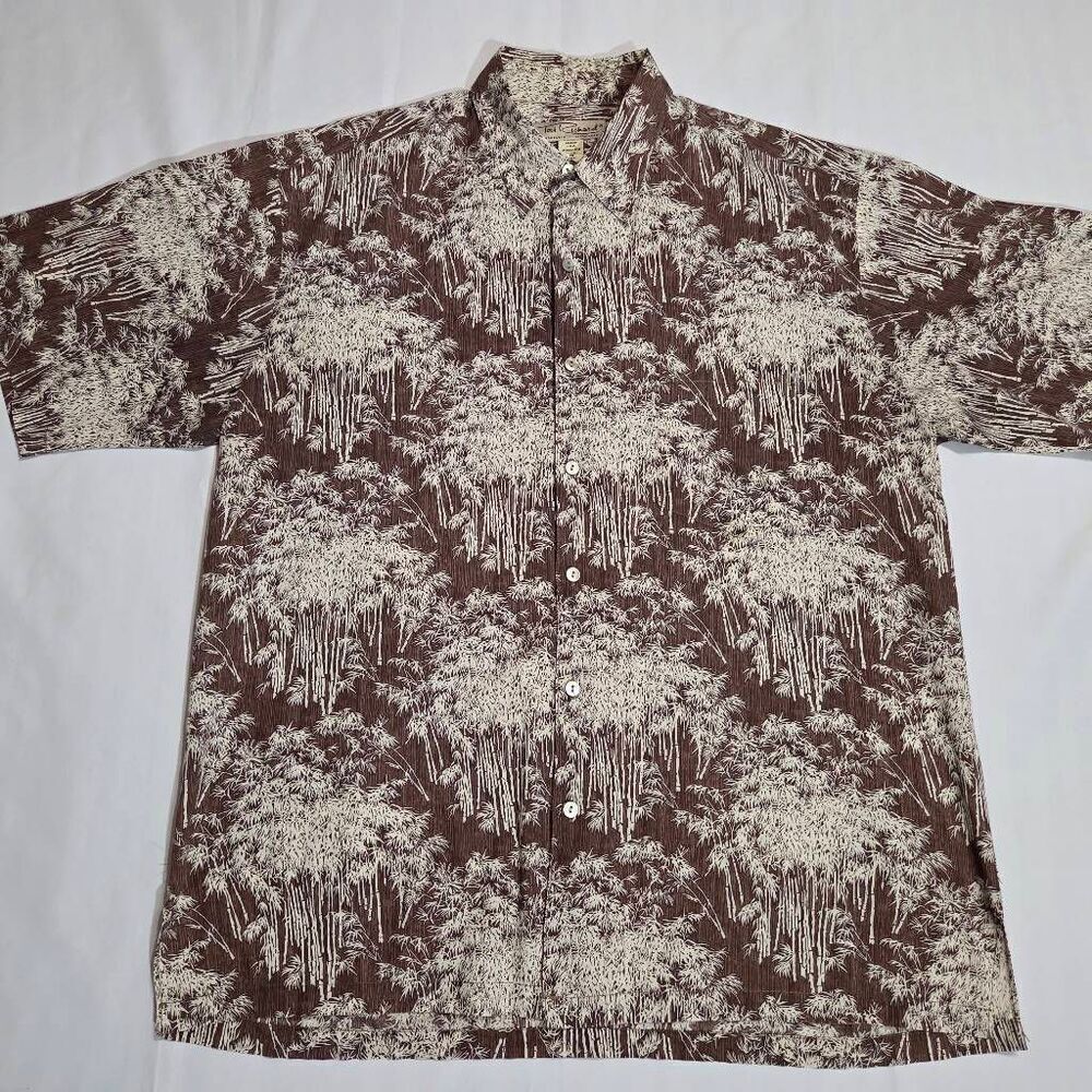 TORI RICHARD HAWAIIAN CAMP SHIRT COTTON BROWN CREAM WOODBLOCK STYLE MENS MEDIUM